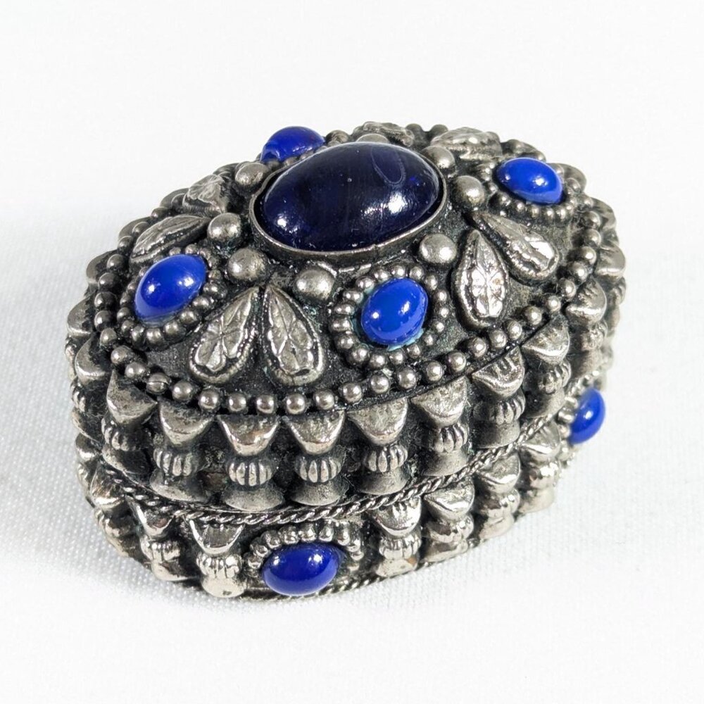 Vintage oval silver plated box with blue glass stones, small jewellery storage
